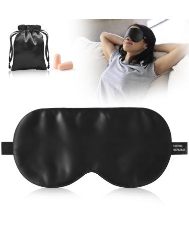 Sleep Eye Mask for Women Men 100% Real Mulberry Silk Eye Cover Blackout Blindfold with Adjustable Strap Side Sleeper Night Sleeping Mask Soft Sleep Mask Eyeshade for Travel Gifts (Black)