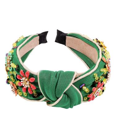 QTMY Rhinestone Crystal Wide Headbands Knot Turban Fashion Vintage Hairband Elastic Hair Hoops Hair Accessories for Women Girls (Green)