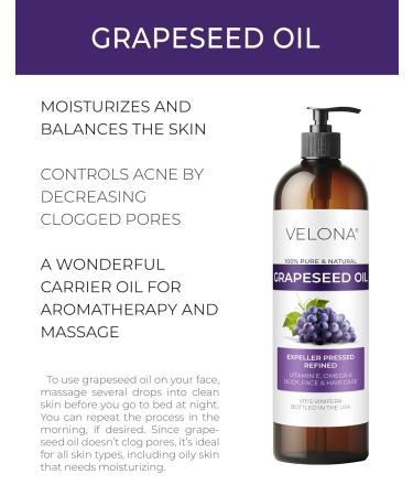Velona Grapeseed Oil 16 fl oz | 100% Pure & Natural Carrier Oil | Refined & Cold Pressed for Cooking Skin Hair Care - Shop Now - Buy Online on GoSupps.com