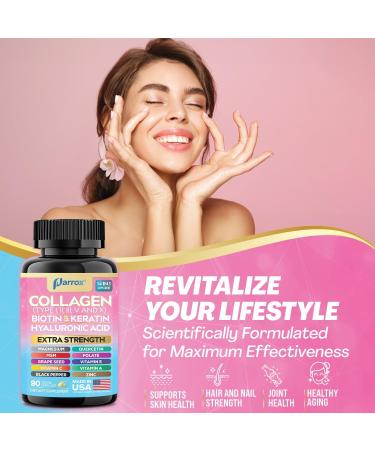 Collagen Peptides Types I II III V & X MCG Biotin Keratin Hyaluronic Acid MSM Zinc Grape Seed Extract Quercetin Vitamin A Vitamin C Vitamin E Magnesium Folic Acid (90 Capsules) 90 Count (Pack of 1) - Buy Online on GoSupps.com