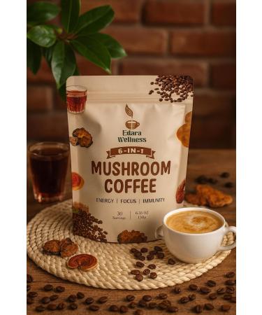 Edara Wellness 6-in-1 Mushroom Coffee Energy and Focus Blend 30 Servings 6.35 oz (180g) Natural Immunity Support - Buy Online on GoSupps.com
