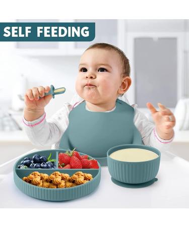Baby Feeding Set: Silicone Bib, Suction Divided Bowl, Spoon, Fork - Toddler Utensils for Baby Led Weaning - 6 Months (Blue Green) - Buy Online on GoSupps.com