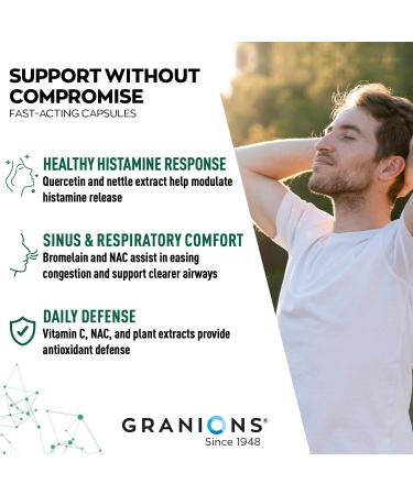 Granions Histamine Balance Complex - Quercetin with Bromelain NAC and Vitamin C - D-Hist Seasonal Histamine Blocker & Immune Support Supplement for Adults and Children - 60 Vegan Capsules Unflavored 60 Count (Pack of 1) - Buy Online on GoSupps.com