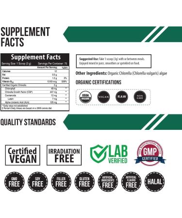 Organic Chlorella Powder - 4 Certifications, Raw & Sun Grown - High Nutrient & CGF Levels, 75 Servings - Buy Online on GoSupps.com