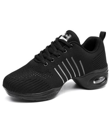 Women's Jazz Shoes Lace-up Sneakers - Breathable Air Cushion Lady Split Sole Athletic Walking Dance Shoes Platform 7 Black