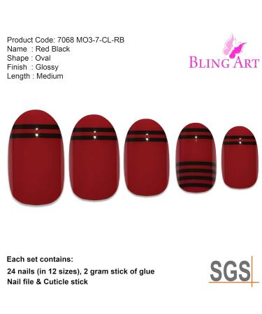Shop False Nails Bling Art - Red Black Glossy Oval 24 Premium Artificial Nails - Medium Length Tips for Stunning Style - Buy Online on GoSupps.com