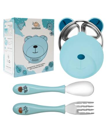 Baby League Steel Plate and Suction Bowl Set - Tableware - Divider Plate with Separations Spoon Fork and Lid - Stay Put Toddler Feeding Self Weaning Kids Gift Non Toxic Blue