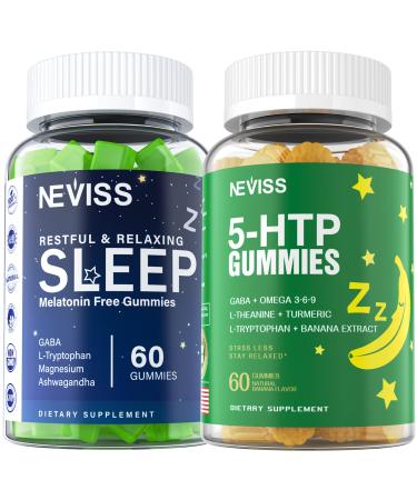Melatonin Free Sleep Aid Gummies + 5-HTP Gummies for Adults with GABA L-Theanine L-Tryptophan Magnesium Ashwagandha Turmeric - Non-Habit Forming Banana Extract Help for Deep Relaxation Calm