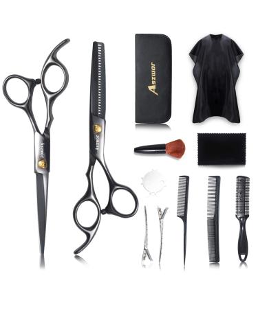 Hair Cutting Scissors Set by Aszwor Hairdressing Shears Kit 12 PCS Professional Haircut Scissors Kit with Hair Cutting Scissors, Thinning Shears, Multi Use Haircut Kit for Home Salon Barber Black- 12 in 1
