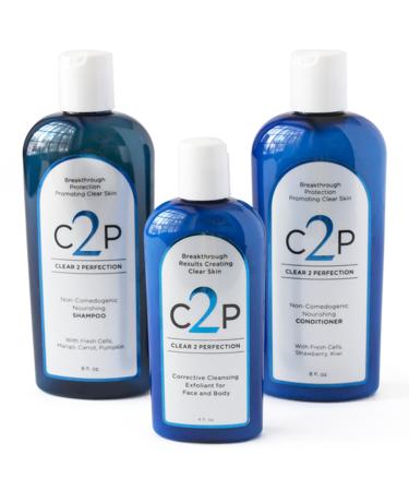 CLEAR 2 PERFECTION Acne Treatment Kit - Non-Comedogenic Haircare & Skincare Trio - Scrub Shampoo & Conditioner - Ideal for Acne-Prone Skin & Bacne