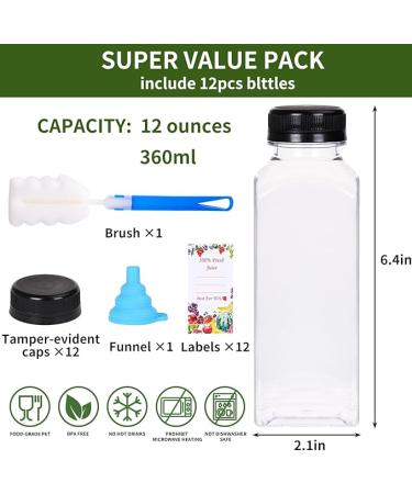 SUPERLELE Empty Plastic Juice Bottles with Caps - Pack of 12 - 12 Oz. - Buy Online on GoSupps.com