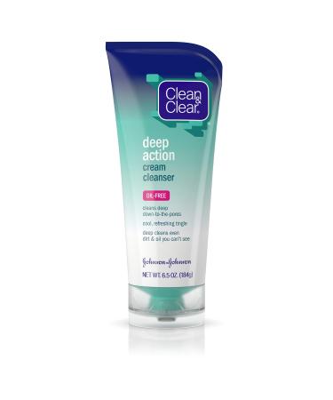 Clean & Clear Oil-Free Deep Action Cream Facial Cleanser with Salicylic Acid Acne Medication Cooling Face Wash for Deep Pore Cleansing of Acne-Prone Skin 6.5 oz