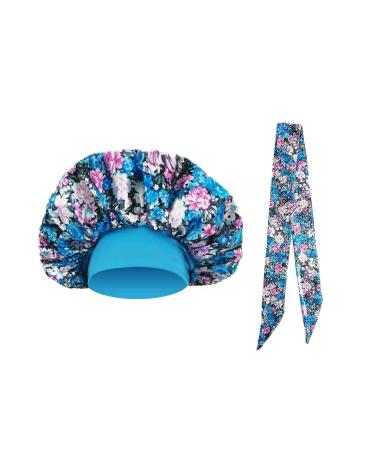 Satin Bonnet Wide Elastic Band Sleeping Cap Double Layer Satin Hair Bonnet for Sleeping Head Bonnets Shower Caps Blue