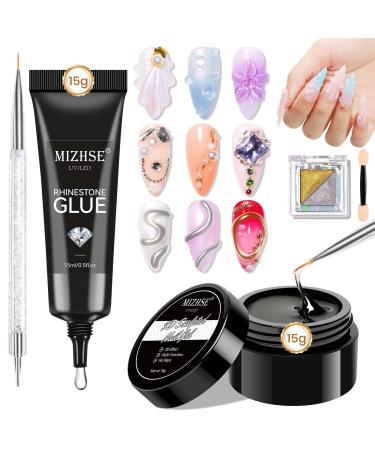 MIZHSE MIZHSE 3D Sculpting Gel with Chrome Powder 2 x 15g Rhinstone Clear Glue for Nail Design Silver/Gold Mirror Effect 5D Relief Sculpting