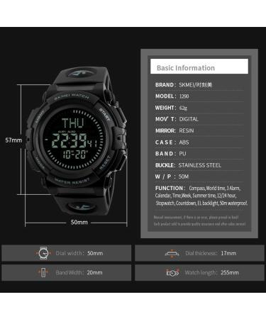 Mens Military Digital Sports Watch with Survival Compass | 50M Waterproof, 3 Alarm, Stopwatch | Black - Buy Online on GoSupps.com