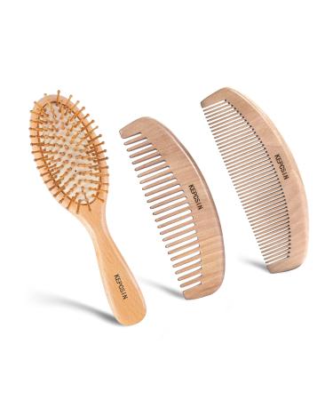 Wooden Hair Brush and Wooden Comb Set, Wooden Brush with Bamboo Bristles Anti-Static Reduces Frizz and Knots, Massaging Scalp, Bamboo brush Paddle Detangling Hairbrush for Women Thick Curly Dry Hair