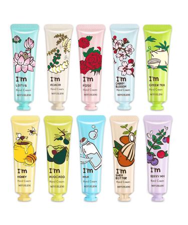 BONNIESTORE 10 Pack Fruits Fragrance Hand Cream Moisturizing Hand Care Cream Travel Gift Set with Natural Aloe and Vitamin E for Women-30ml