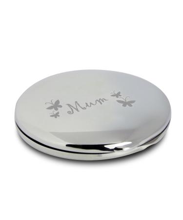 Silver Finish Engraved Mum Round Butterfly Compact Mirror Great Gifts Idea for Mummy Birthday Christmas Presents Mothers Day Gift by Pmc - Personalised Compact Mirrors