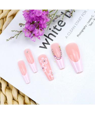 Super Long French Fake Nails with White Flowers Rhinestones - 24PCS - Buy Online on GoSupps.com
