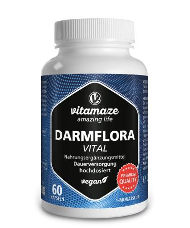 Darmflora vital capsules high doses gastrointestinal resistant 60 vegan capsules probiotics for 1 month intestinal treatment with 12 active intestinal bacteria cultures + inulin 16.2 billion kbe per day made in Germany