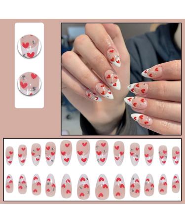 Justotry 24 Pcs Stiletto Nails - Red Heart & White French Press Almond Art - Trendy Medium Fake Nails for Women - Buy Online on GoSupps.com