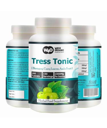 Tress Tonic Capsules(Tablets) a unique combination of Bhringraj Curry Leaves and Amla Fruit in (50:25:25) Ratio 300 pills 150 Servings 1000 mg per servings Hair Growth Supplement. Pack of 1