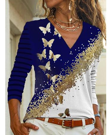Fashionable Women's Sweater Dress - Casual V-Neck T-Shirt Butterfly Print Long Sleeves Summer Size 42 Blue XXL - International Shipping - Buy Online on GoSupps.com
