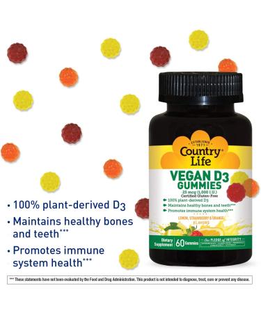 Country Life Vegan D3 Gummies - 25 mcg (1000 IU) - 60 Lemon, Strawberry & Orange Flavored Gummies - Buy Online on GoSupps.com