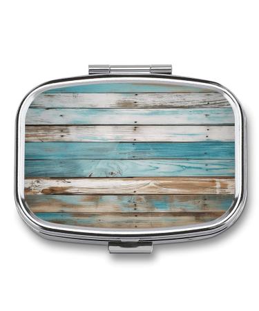 Pill Box Vintage Beach Wood Old Blue Color Wooden Plank Print 2 Compartment Medicine Pill Case Pill Organizer Decorative Metal Portable Pill Box for Pocket Or Purse Style