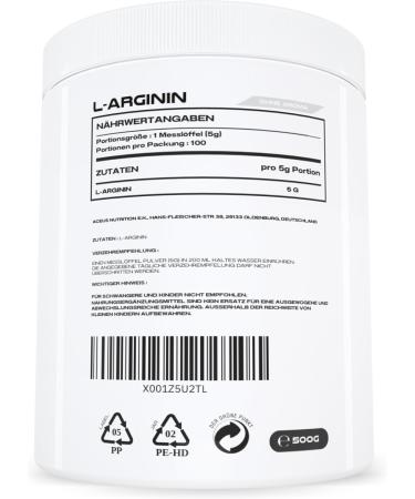 L-Arginine 500g | High Dose for Nitric Oxide & Endurance | Aceus Nutrition - Made in Germany - Buy Online on GoSupps.com