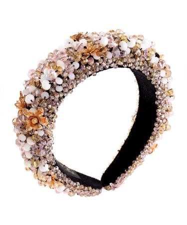 GLBCC Crystal Padded Headband for Women Handmade Pink Acrylic Beaded Headband Boho Small Flower Embellished Hair Band Black Velvet Hair Hoop (pink headband)