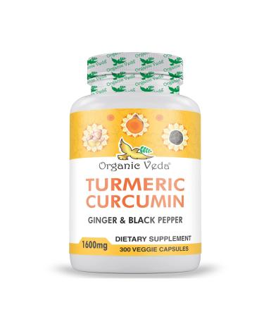 Organic Veda Turmeric Capsules - Turmeric and Ginger Supplement 100 Days Supply 300 Veggie Capsules - Whole Root Organic Turmeric Curcumin with Black Pepper- Joint & Mobility Support
