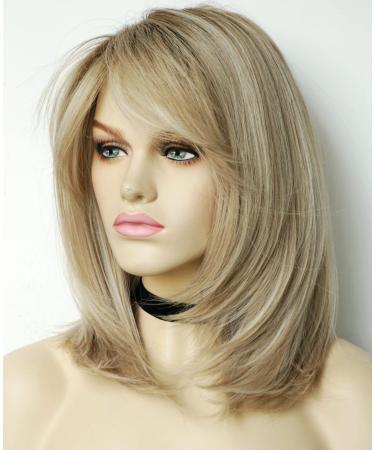 Wigs for white women blonde bob wig medium length wigs for women Sandy blonde with dark roots Synthetic wig for white Women (Sandy bob)