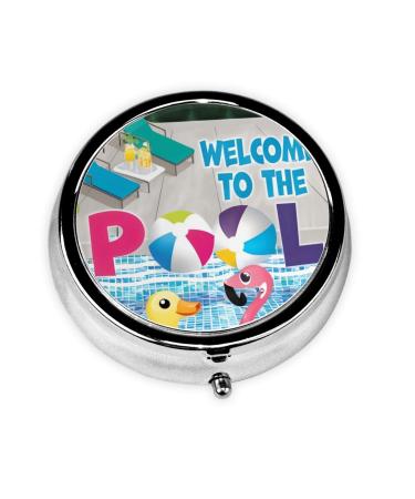 Flamingo and Swimming Pool Portable Metal Pill Box Round Mini 3-Compartment Plastic Insert hinged Fastening Design Suitable for Small Pills Must-Have for Travel Black