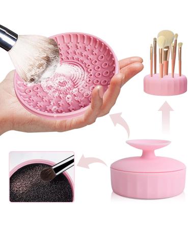 HOSAILY 4 in 1 Silicone Brush Cleaning Mat with Drying Holder Color Removal Sponge Drying Rack Scrubber Makeup Brush Cleaning Pad Portable Suction Cup Cosmetic Brush Cleaner Pad Tool (Pink)