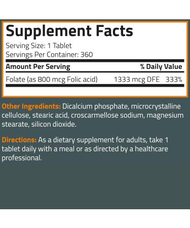 Bronson Folic Acid 800 MCG Supports Prenatal Development, 1 Year Supply, Non-GMO, 360 Tablets - Buy Online on GoSupps.com