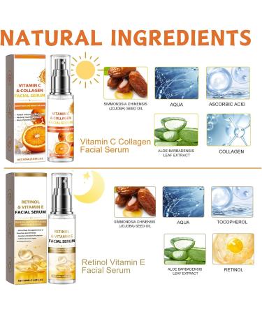 Vitamin C & Vitamin E Serum Facial Set Morning C and Night E Skincare Gift Set Anti-Wrinkle Tighten Skincare Set with Vitamin C & Collagen Serum (Day Use) Retinol & Vitamin E Serum(Night Use) - Buy Online on GoSupps.com