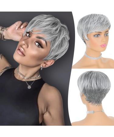 FESHFEN Pixie Cut Wigs Synthetic Short Ombre Gray Pixie Haircut Wig with Bangs Glueless Layered Wig Wavy Grey to Black Wigs for Women Gray Mixed Black