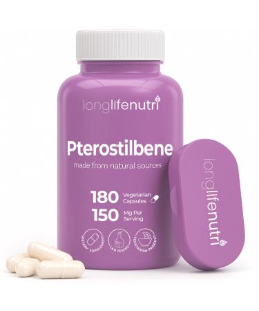 Pterostilbene Supplement 150mg Elevate Cellular Energy 180 Vegan Capsules 3 Month Supply Pure Organic Pterostilbene Extract Made in USA Non GMO Clean Label Easy Swallow Antioxidant Support 180 Count (Pack of 1)