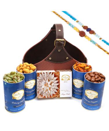 Ghasitaram Gifts Rakhi Gifts for Brothers Leather Buckle Basket Big of 4 Cans and Kaju Katli with 2 Blue Rudraksh Rakhis Basket Big of 4 Cans and Kaju Katli with 2 Rakhis