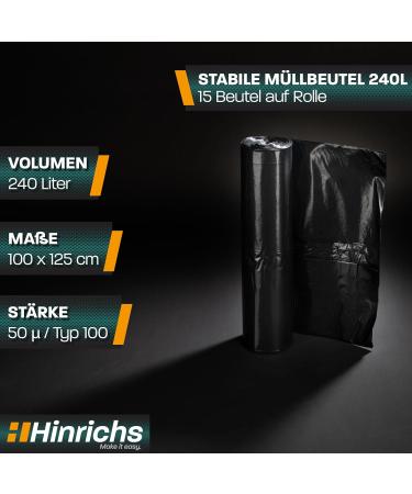 Hinrichs 240L Extra Strong Garbage Bags - 15 Rolls 100x125 cm | Tearproof Recycling LDPE Waste Bags for Garden Household & Construction - Buy Online on GoSupps.com