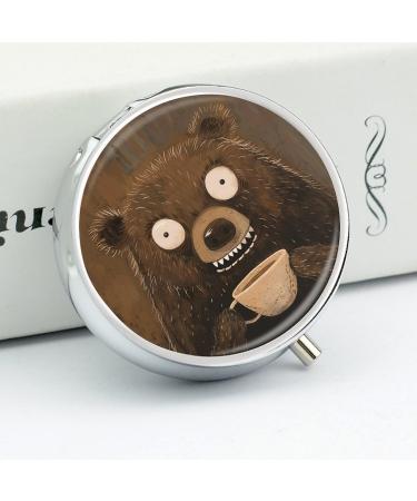 Round Pill Box with Tooth & Bear Print | 3 Compartment Decorative Metal Pill Organizer | Portable Pocket Case for Medicine - Buy Online on GoSupps.com