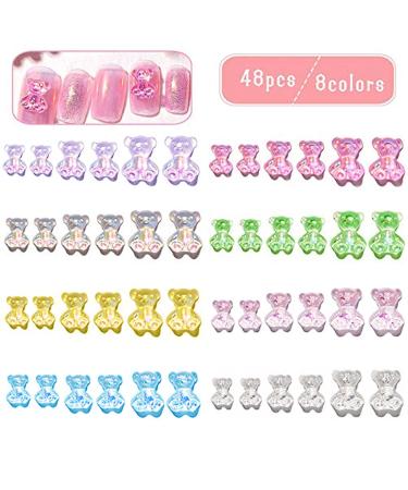 48pcs 3D Gummy Bear Charms Pendants- Cute Bear Resin Nail Art Decorations in 6 Styles- Gummy Bear Beads in 3 Sizes- Nails Art Accessory for Jewelry Making Nail Art Design DIY Handmade Crafting