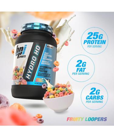 BPI Sports Hydro HD - 100% Hydrolyzed Whey Protein Powder - Muscle Growth, Recovery, 25g of Hydrolyzed Protein, Low Carb, Low Sugar, Fast Absorbing (23 Servings, Fruity Loopers) Fruity Loopers 23 Servings - Buy Online on GoSupps.com