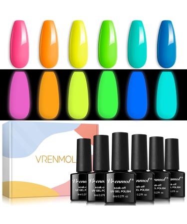 Vrenmol Glow in The Dark Gel Nail Polish Set - 6 Colors Luminous Neon Gel Polish Soak Off UV Fluorescent Bright Colors Glow Effect Gel Nail Polish for DIY Nail Art Design Kit#004