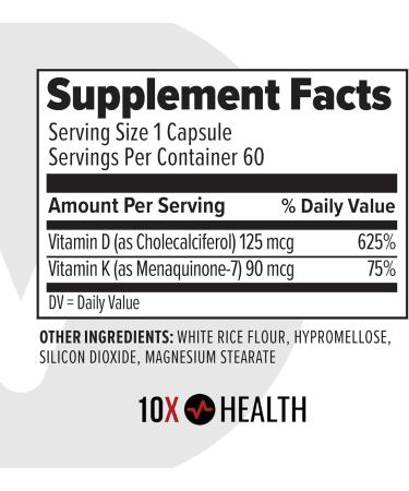 10X Health Vitamin D3 5000 IU & K2 MK7 - Menaquinone 7 High-Potency D3 K2 Vitamin Supplement for Bone Health Heart and Teeth - 125 mcg Vitamin D & 90 mcg Vitamin K2-60 Capsules - Buy Online on GoSupps.com
