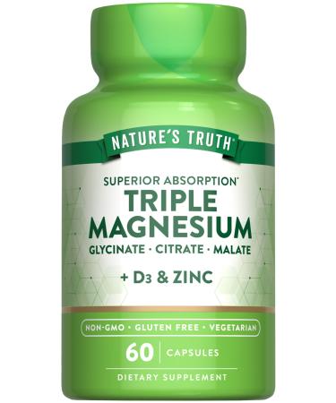 Nature's Truth Triple Magnesium Complex Supplement | 60 Capsules | Glycinate Citrate & Malate | with D3 & Zinc | Vegetarian Non-GMO & Gluten Free