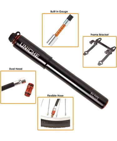 UNICHE Tech HV Bike Frame Pump with Gauge | Fits Presta & Schrader | Portable Mini Pump for Mountain & BMX Bikes | Includes Mount Kit | Large Black - Buy Online on GoSupps.com