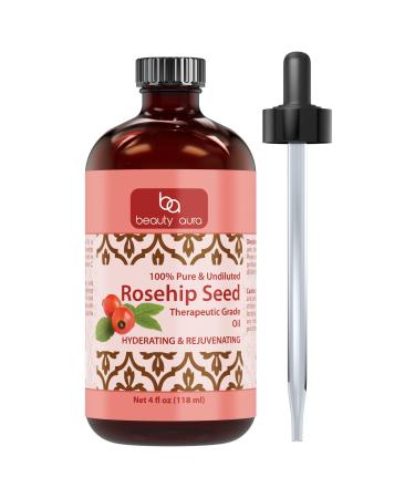 Beauty Aura 100% Pure Rosehip Seed Essential Oil - Therapeutic Grade Oil Made Rose Canina Rose Hips - Ideal for Aromatherapy - 4 Fl. Oz.