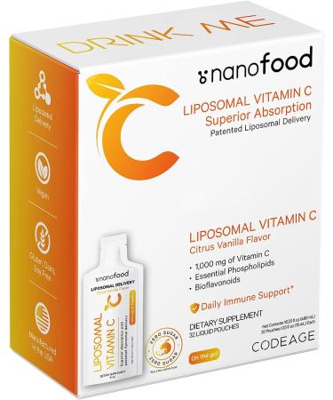Codeage Liposomal Vitamin C Liquid 1000mg with Essential Phospholipids - Daily Immune Support Supplement with Liposomes for Superior Absorption - Non-GMO, Citrus Bioflavonoids, Vitamin E - 32 Pouches - Buy Online on GoSupps.com